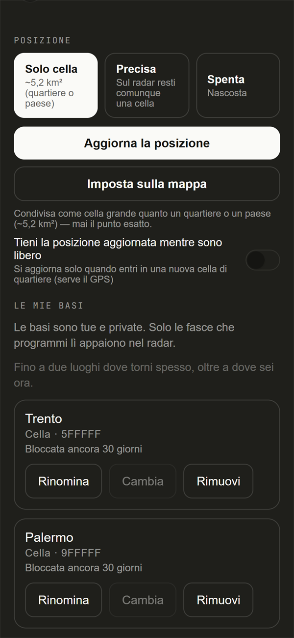 The location settings: “Cell only” mode, and below it the two saved bases, Trento and Palermo, each locked for another 30 days.