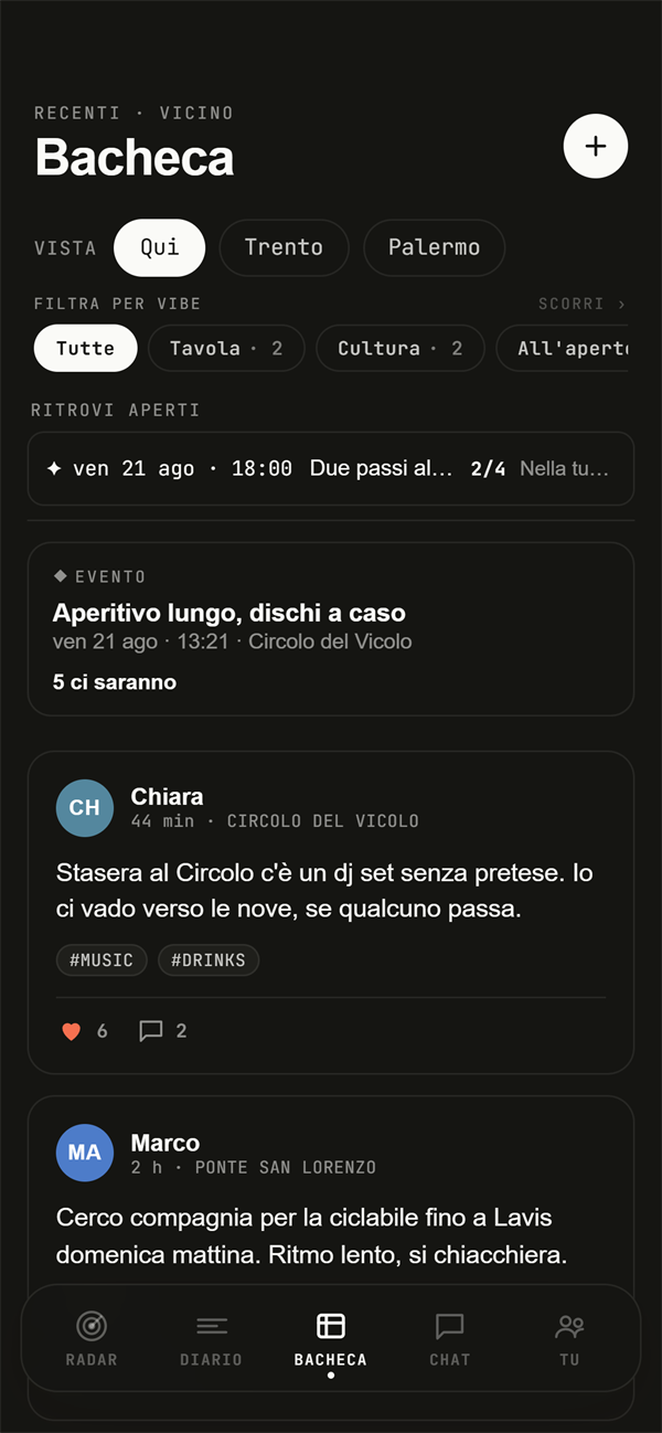 The app's Board: “Recent · nearby” at the top, then an open huddle, a neighbourhood event, and posts from the people who live here.